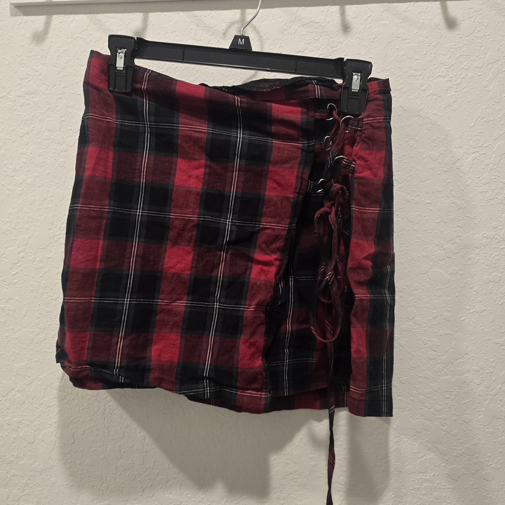 Red and Black Asymmetrical Mini Skirt with Tie Front